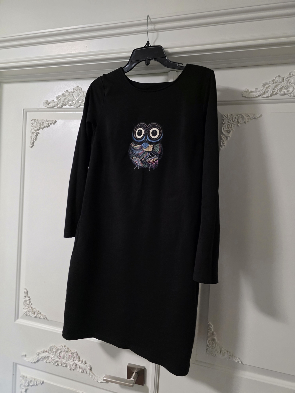 Black Long-Sleeve Dress with Embroidered Owl